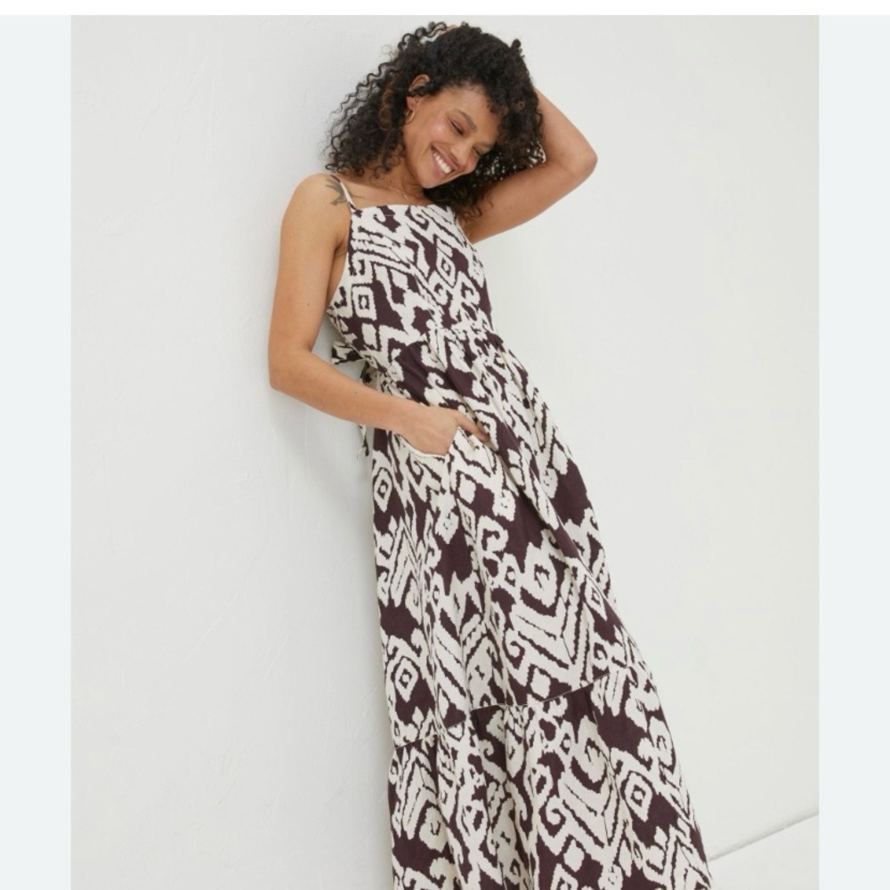 Fat Face White and Brown Ruffled Tiered Midi Sundress